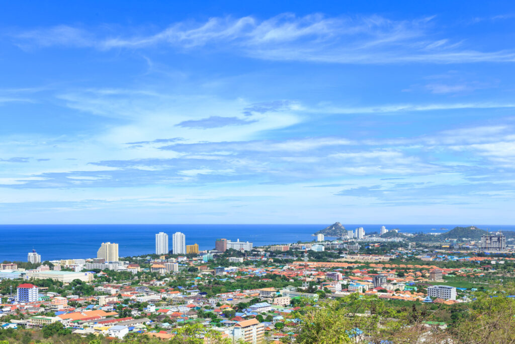 Panoramic view of Hua Hin city and coastline, featured in the 50 Things to Do in Hua Hin guide for Residential English Camp students.