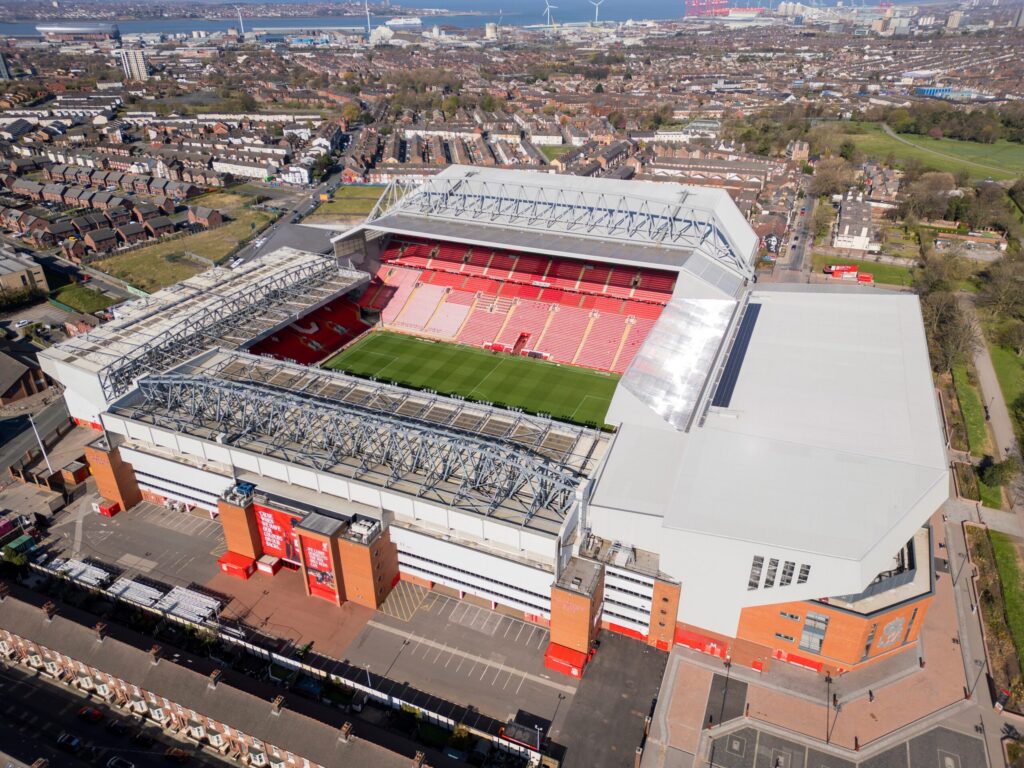 Residential Football English Camp inspiration – aerial view of Liverpool FC’s stadium, connecting football passion with English learning at Dragon Study Tours.