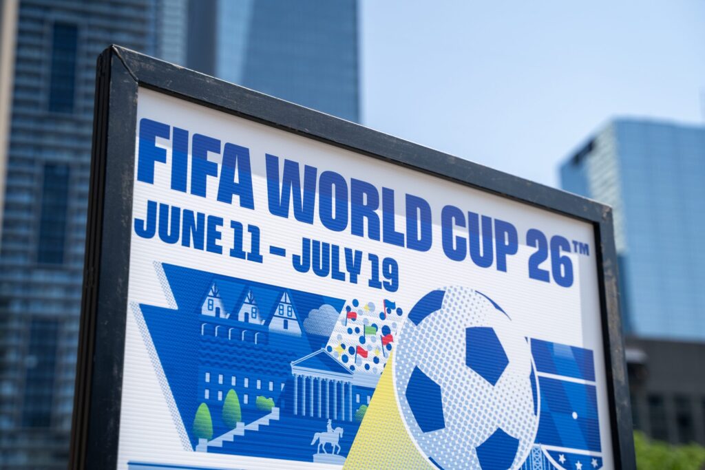 FIFA World Cup 2026 sign showing tournament dates June 11 to July 19, used in Dragon Study Tours’ English and Football residential camp for closed groups in Thailand.