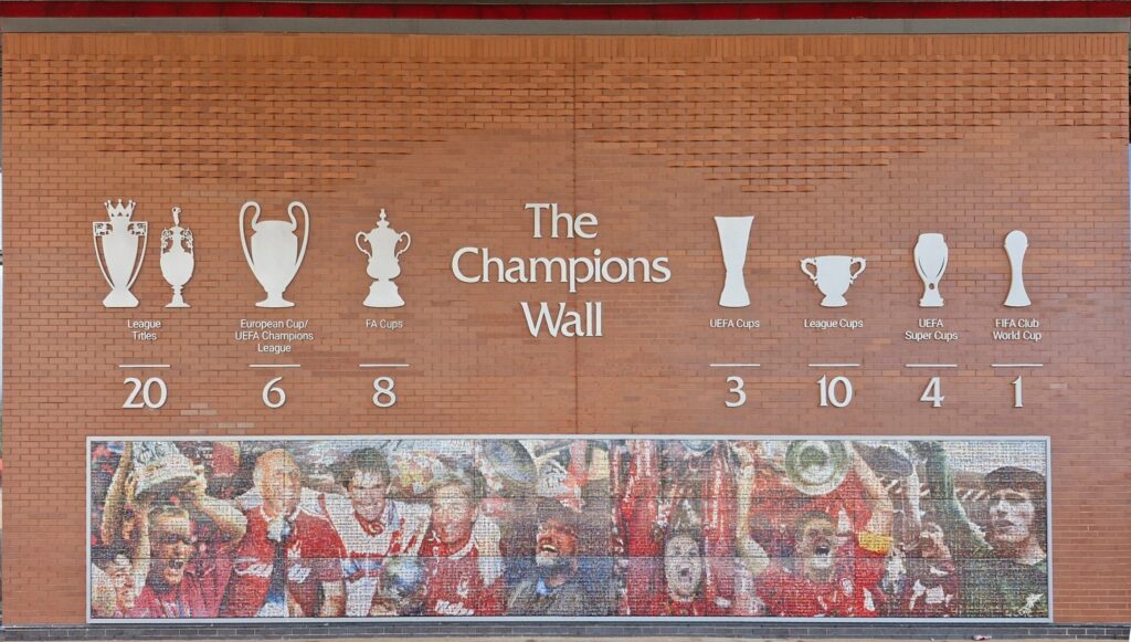 Residential Football English Camp inspiration – Liverpool FC Champions Wall showcasing the club’s major trophies and success, symbolising teamwork and achievement.