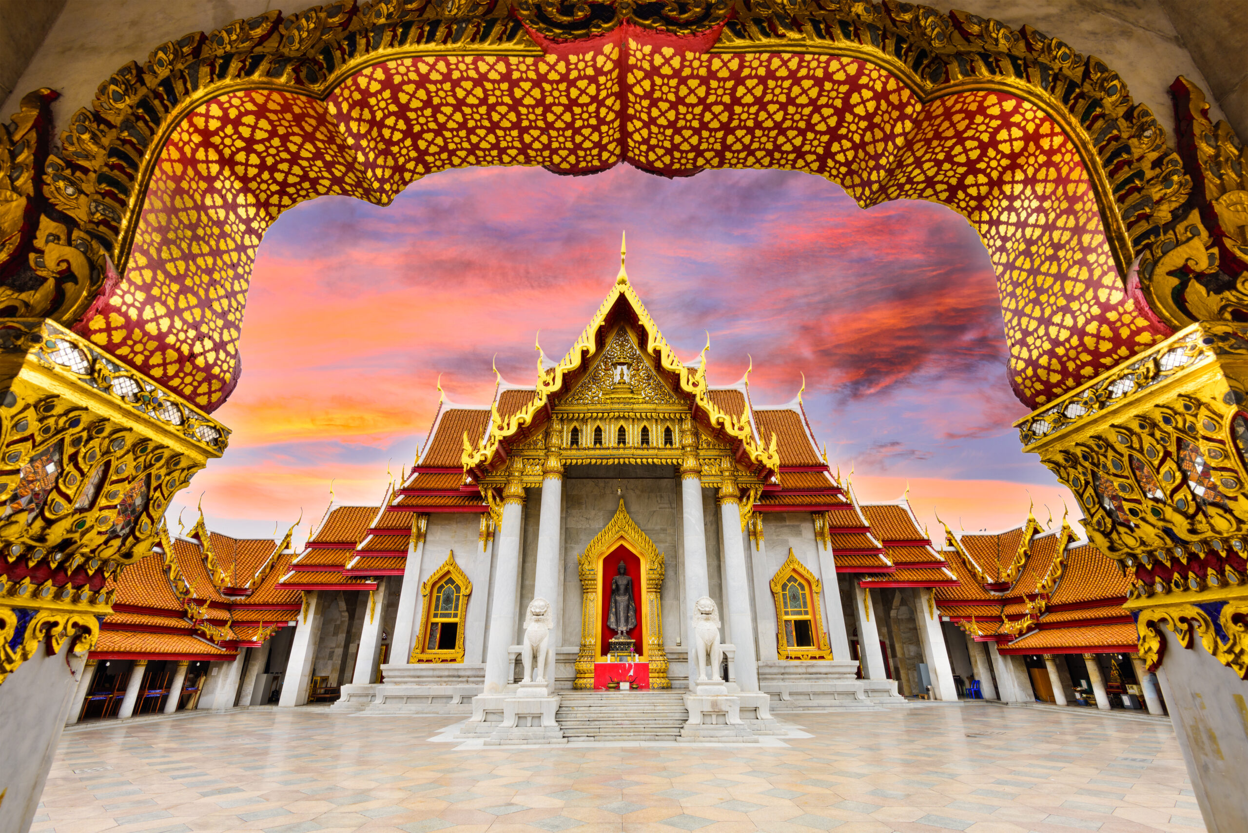 Explore Bangkok – Wat Benchamabophit Marble Temple with golden roof and blue sky